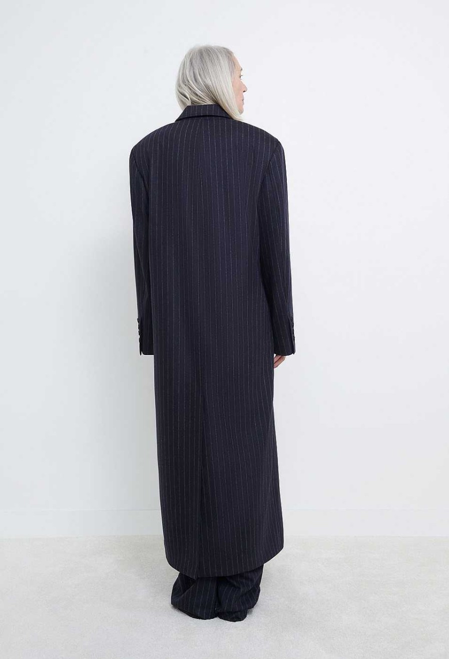 Clothing Loulou Studio | Ido Pinstripe Flannel Coat Navy Stripes