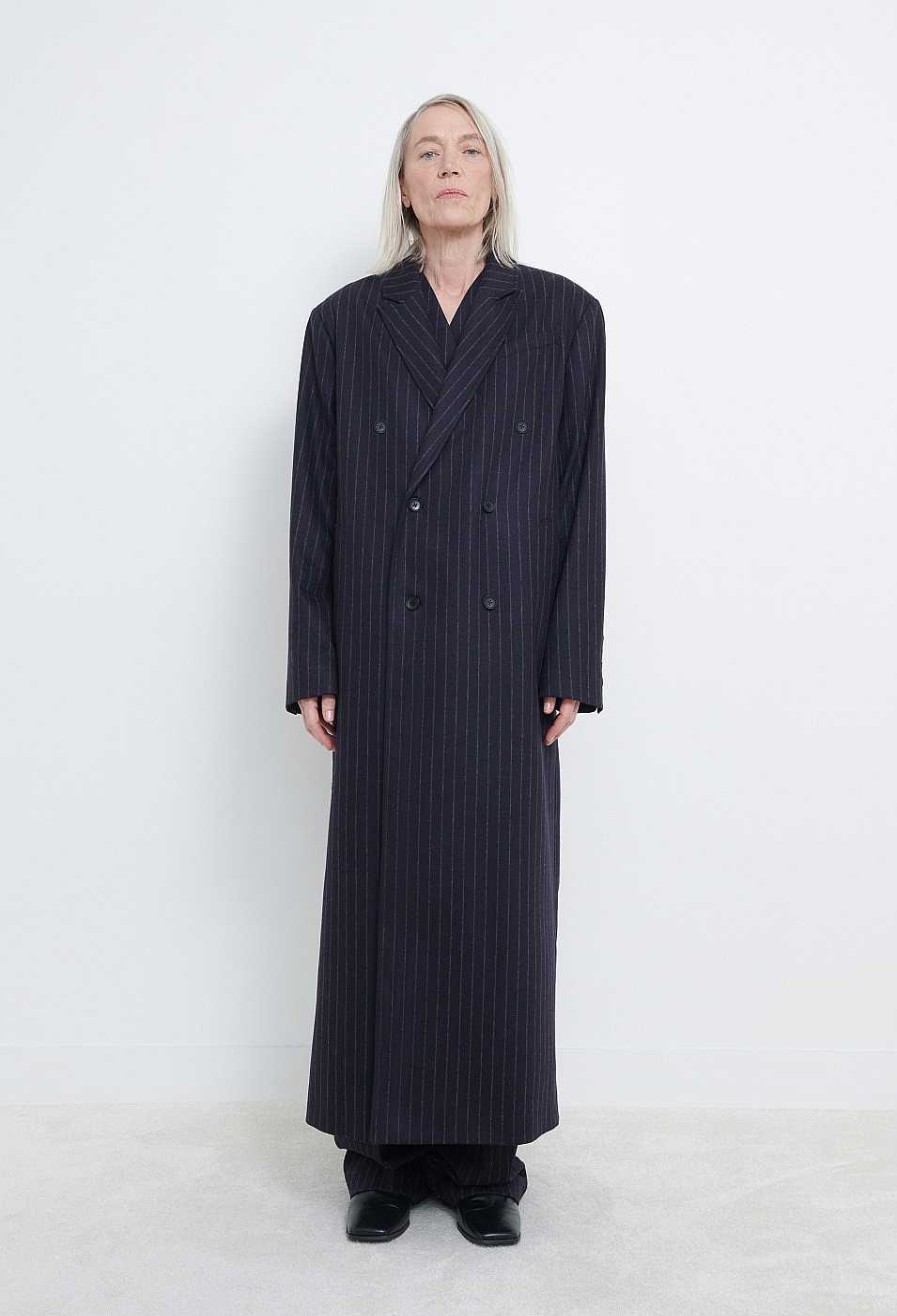 Clothing Loulou Studio | Ido Pinstripe Flannel Coat Navy Stripes