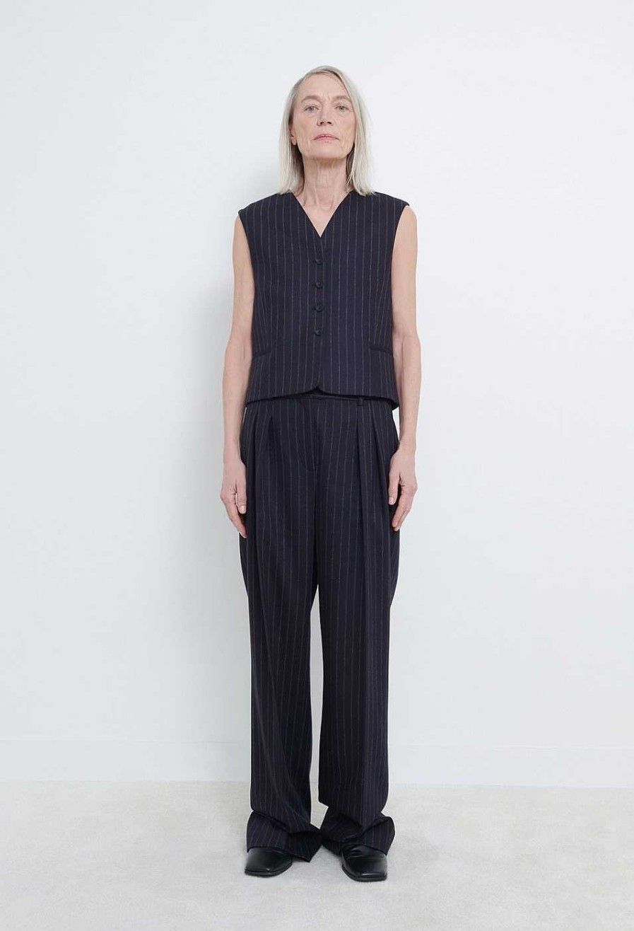 Clothing Loulou Studio | Amoya Pinstripe Flannel Wide-Leg Trousers Navy Stripes