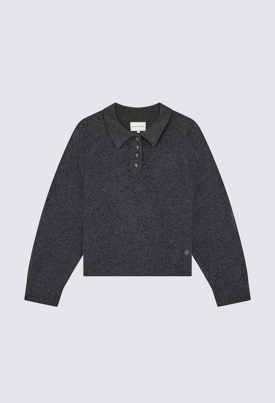 Essentials Loulou Studio | Forana Polo Cashmere Knit Anthracite Melange